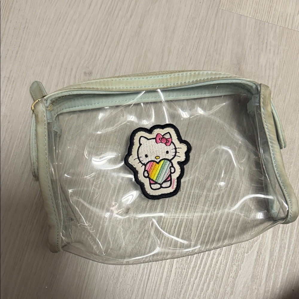 Hello kitty Clear PVC Kids Pouch with Pastel Mint Trim and Rainbow Heart Patch